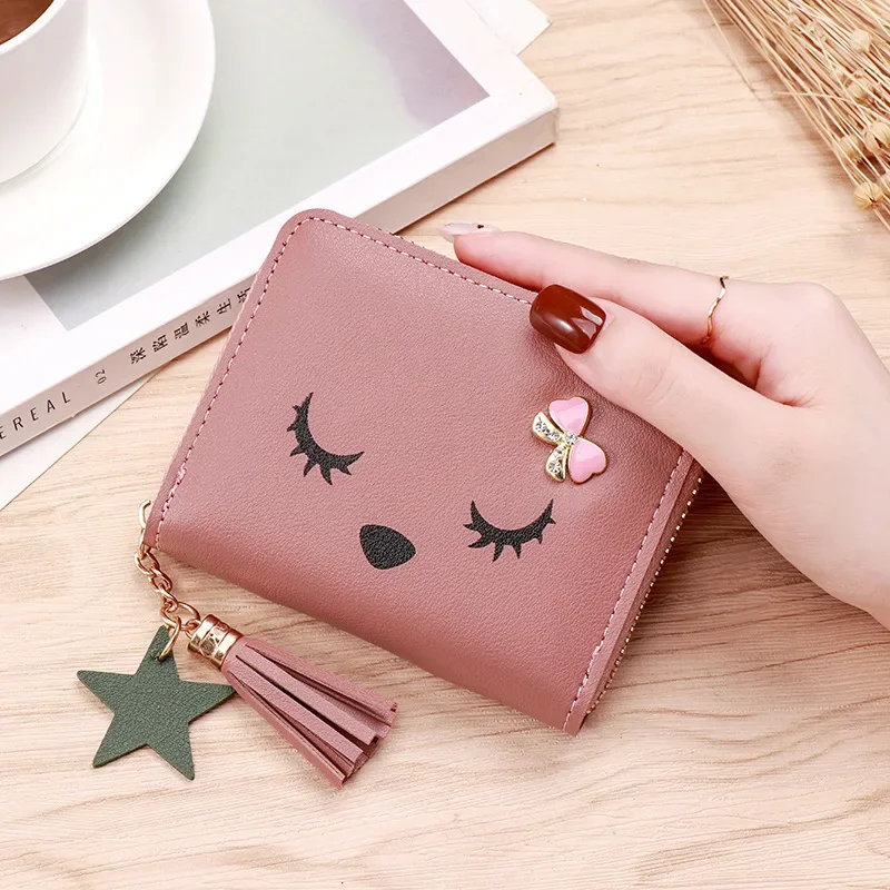 Women Small Coin Wallet Ladies Mini Tassel Wallet Cute Girl Short Purse Bags Zipper Lovely Leather Coin Purse Lady Hand Wallet: Pink