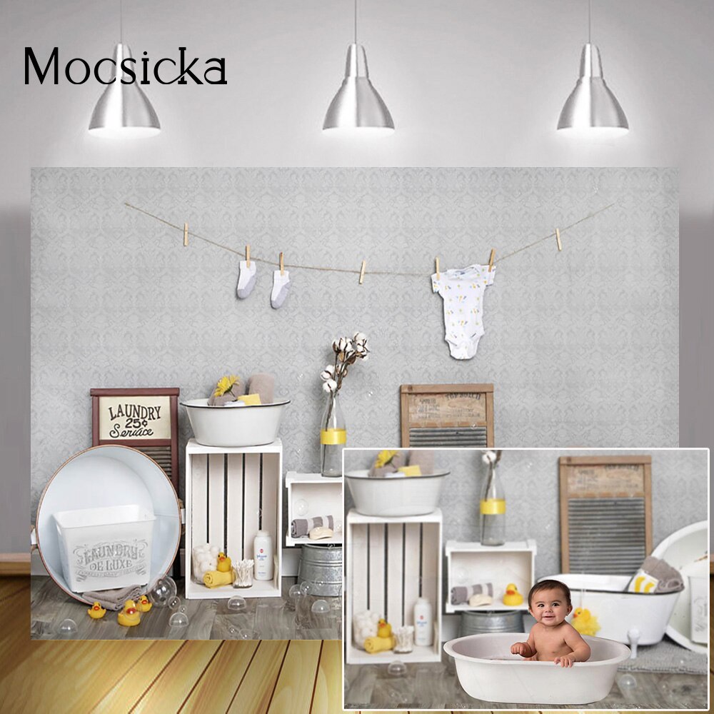 Bathroom Bath Children Portrait Backdrop Photo Studio Yellow Duck Laundry Newborn Birthday Cake Smash Background Photobooth
