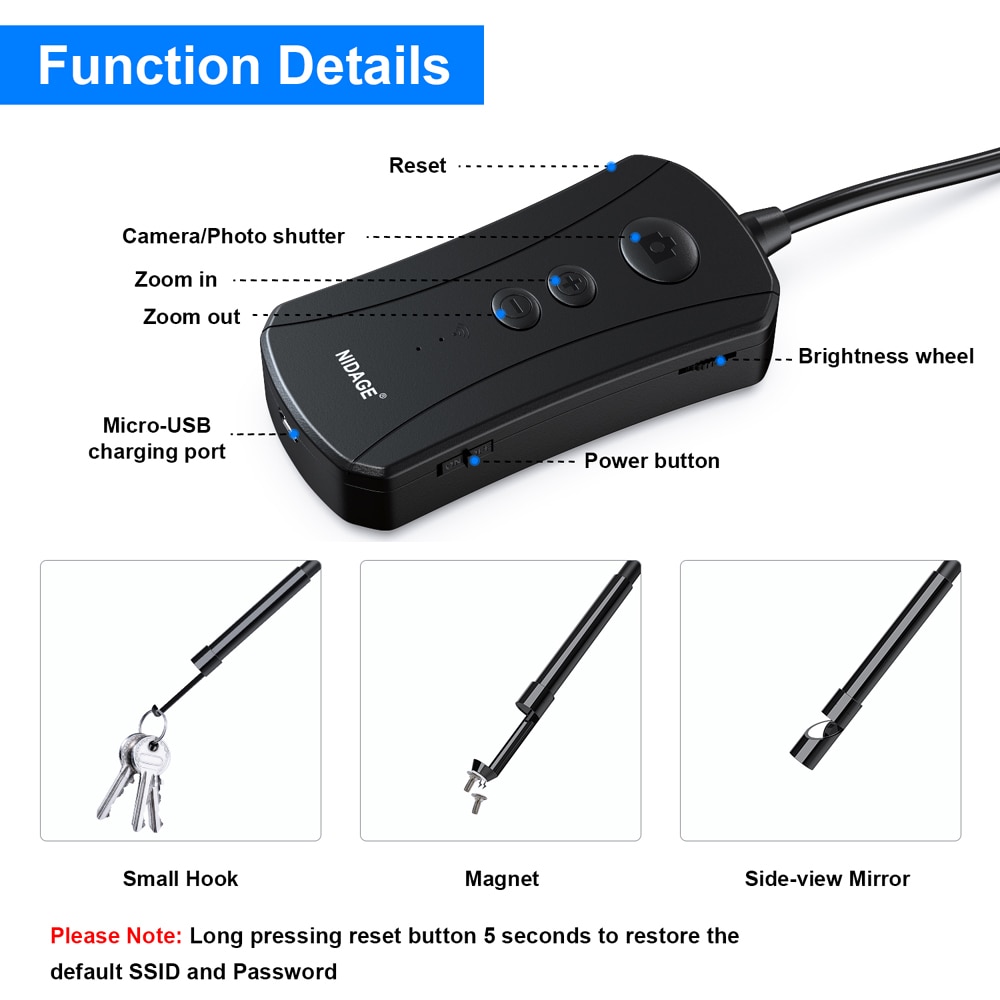 3.5m kabellængde trådløst endoskop , 8.2mm 5.0mp 1080p hd wifi boreskop , 2200 mah semi-rigid inspektionskamera til telefon  pq303