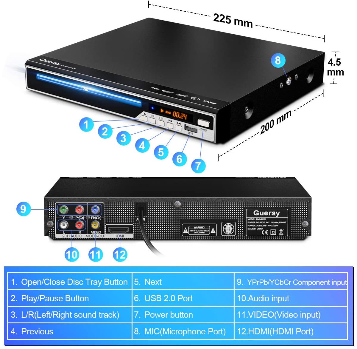 Reproductor de DVD compacto con pantalla LED para el hogar, control remoto de Audio en casa, compatible con función de copia de CD para conexión de TV