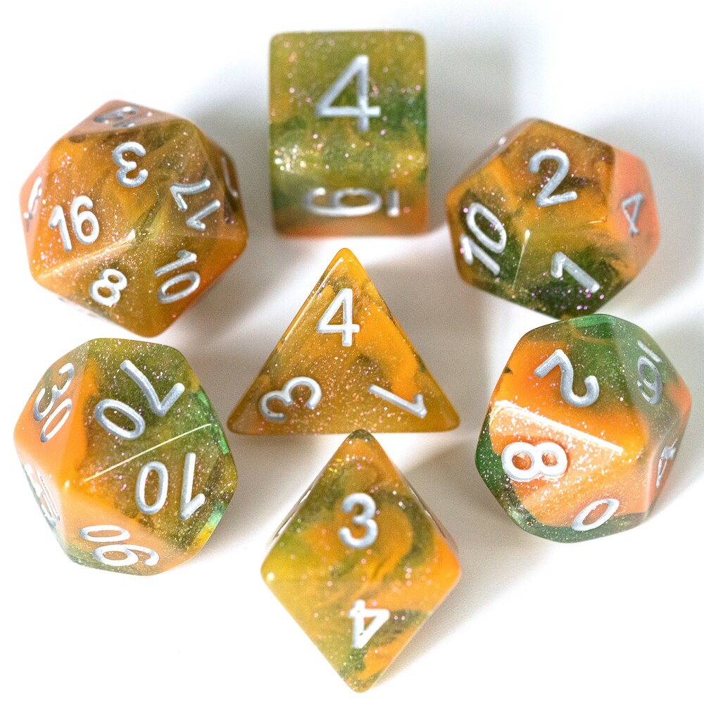 7 stk/sæt sparkle galaxy dnd terninger d&d terninger  d4 d6 d8 d10 d% d12 d20 polyedriske spil terninger sæt til bordspil mtg rpg: Bl03 orange grønne