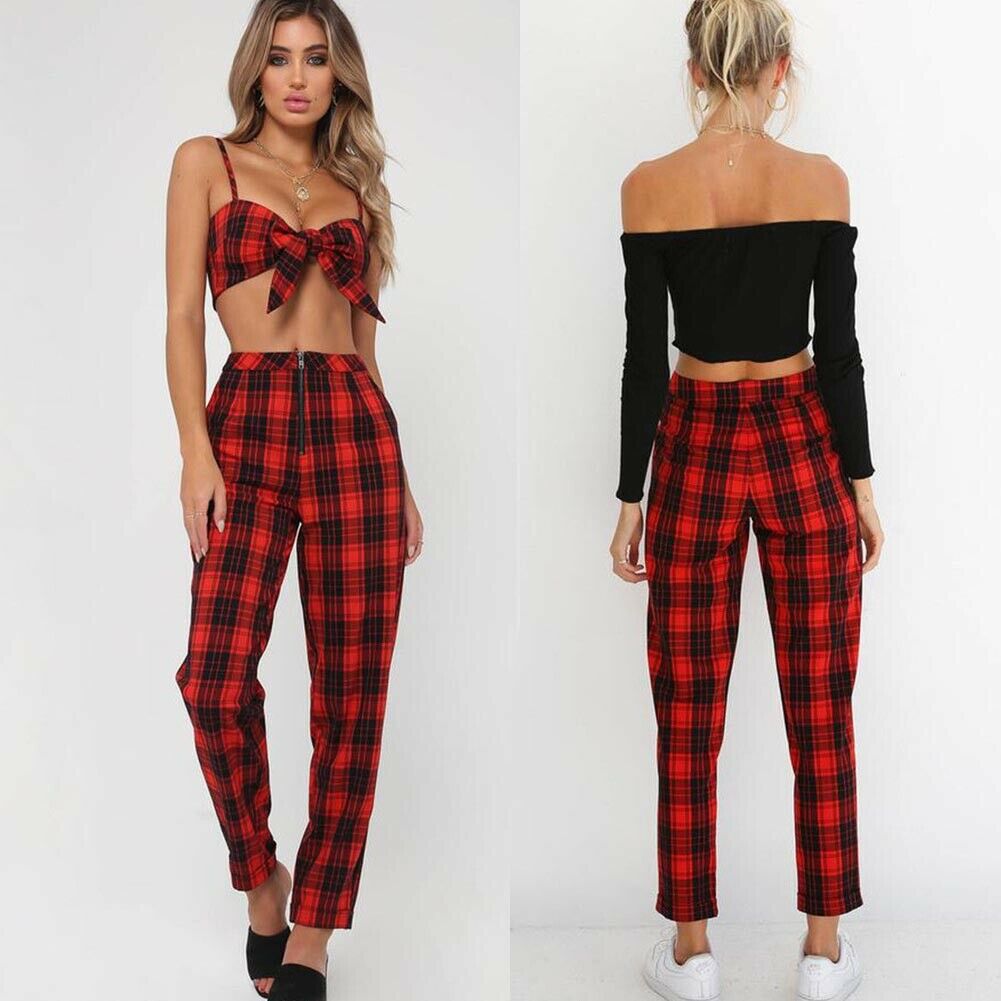 Klassische Plaid Hosen Frauen Reißverschluss Dünne Denim Büro lässig Hohe Taille Jeggings Bleistift Hosen Hosen Streetwear