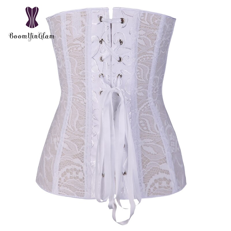 Steel Boned Corset Lace Transparent Corsets Overbust Korset Solid Black Beige White Jacquard Floral Bustier Front Zipper Gorset