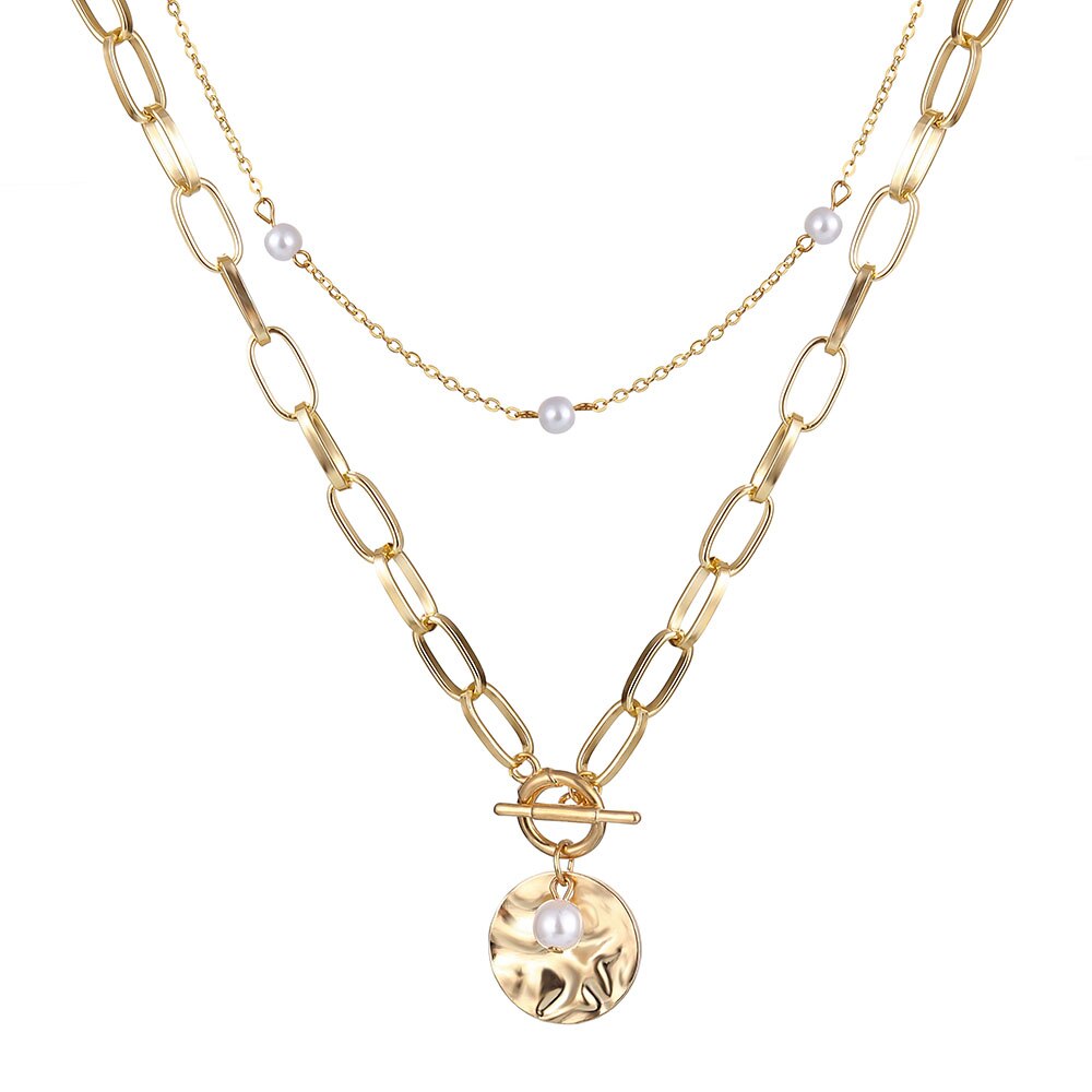 Charm Thick Chain Toggle Clasp Coin Pendant Necklace for Women Gold Multilayer Pearl Circle Choker Necklace Jewelry: IF2690001929