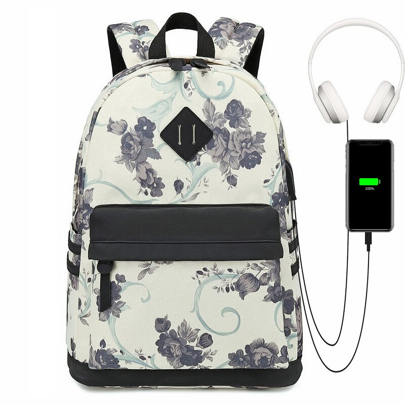 Fengdong flower schooltassen voor meisjes, tieners, usb-rugzak, damestas, middelbare schooltas, schooltas voor tieners: Zwart