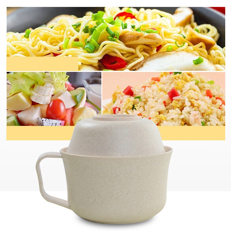 1Pcs/Set Instant Noodles Bowl with Lid Handle Dinnerware Wheat Straw Japanese Style Soup Ramen Microwaveable Set