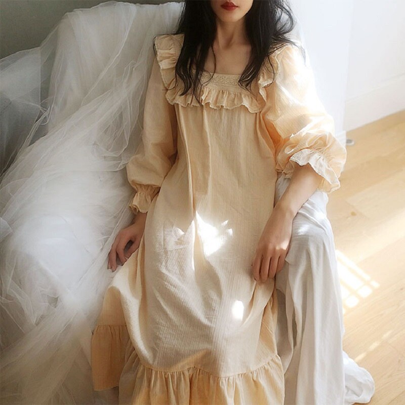 Camisones largos de algodón suave para mujer, ropa de dormir de manga larga con bordado de encaje de princesa, para primavera y otoño
