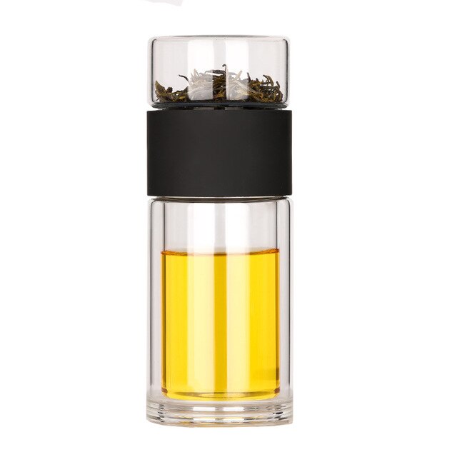 Dobbelt Glas Vandflaske med Etui Te Drik Flaske Infuser Tumbler Drinkware Vandflaske Miljøvenlig: Sort