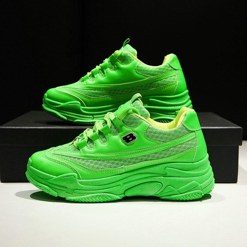 Høst kvinner joggesko gul grønn oransje kvinner fritidssko plattform tykk såle godteri farge pustende mesh kvinner sko chunky: Grønn / 9