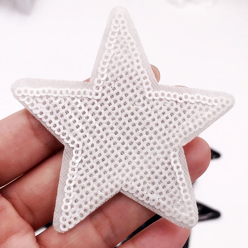 1 Uds. Parches de lentejuelas de Estrellas Negras para ropa, parches de hierro bordados, apliques DIY, accesorios de ropa, pegatinas de lentejuelas de costura: WHITE