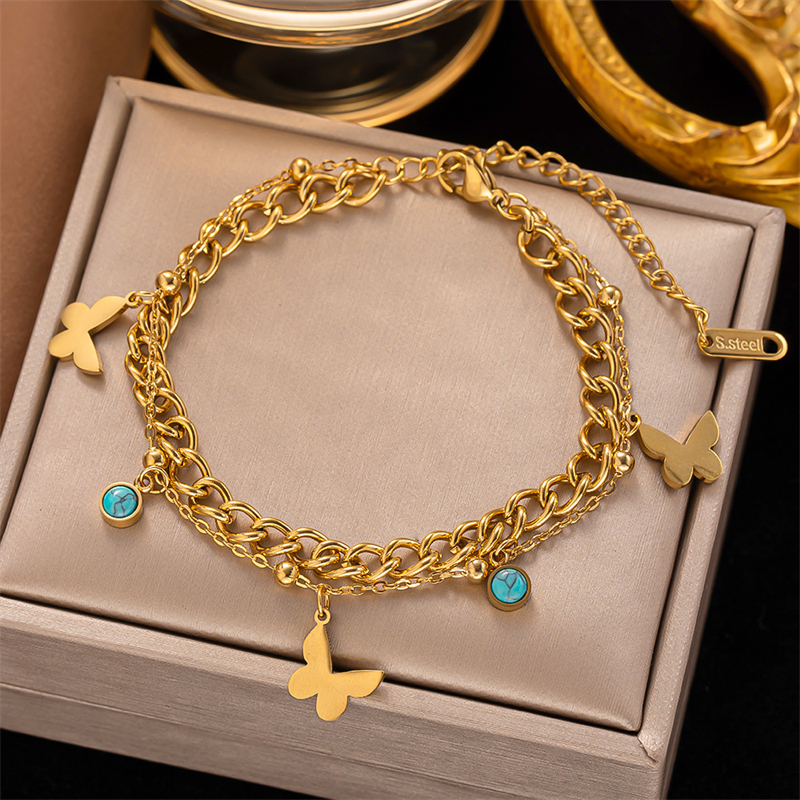 Acciaio inossidabile 316L New Fashion Fine Jewelry 4 stili 2-Layer zircone Butterfly Leafs Dolphin Charm Chain bracciali per le donne