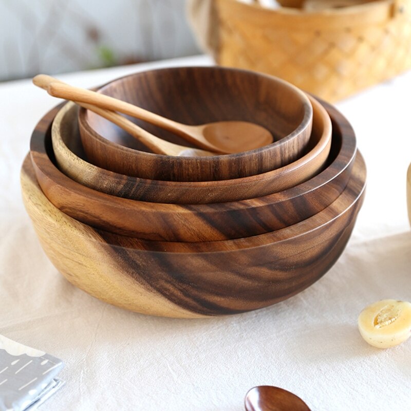 Cuenco de madera para almacenamiento de frutas y verduras, cuenco mezclador de masa, para el hogar Decoración práctica, cocina, Picnic, comida, pan, platos y ensalada