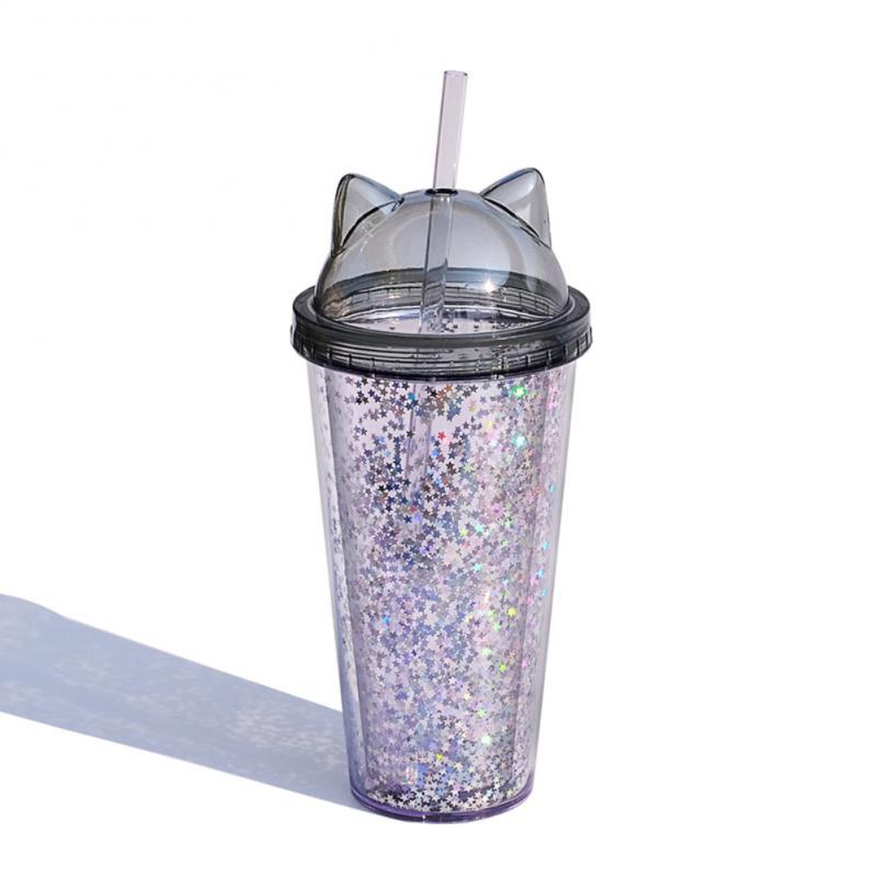 Tasse en plastique Transparent avec oreille de chat, Double couche, 473ml/16oz, tasse d&#39;eau, tasse de paille, tasse à café, gobelet avec paille: 02