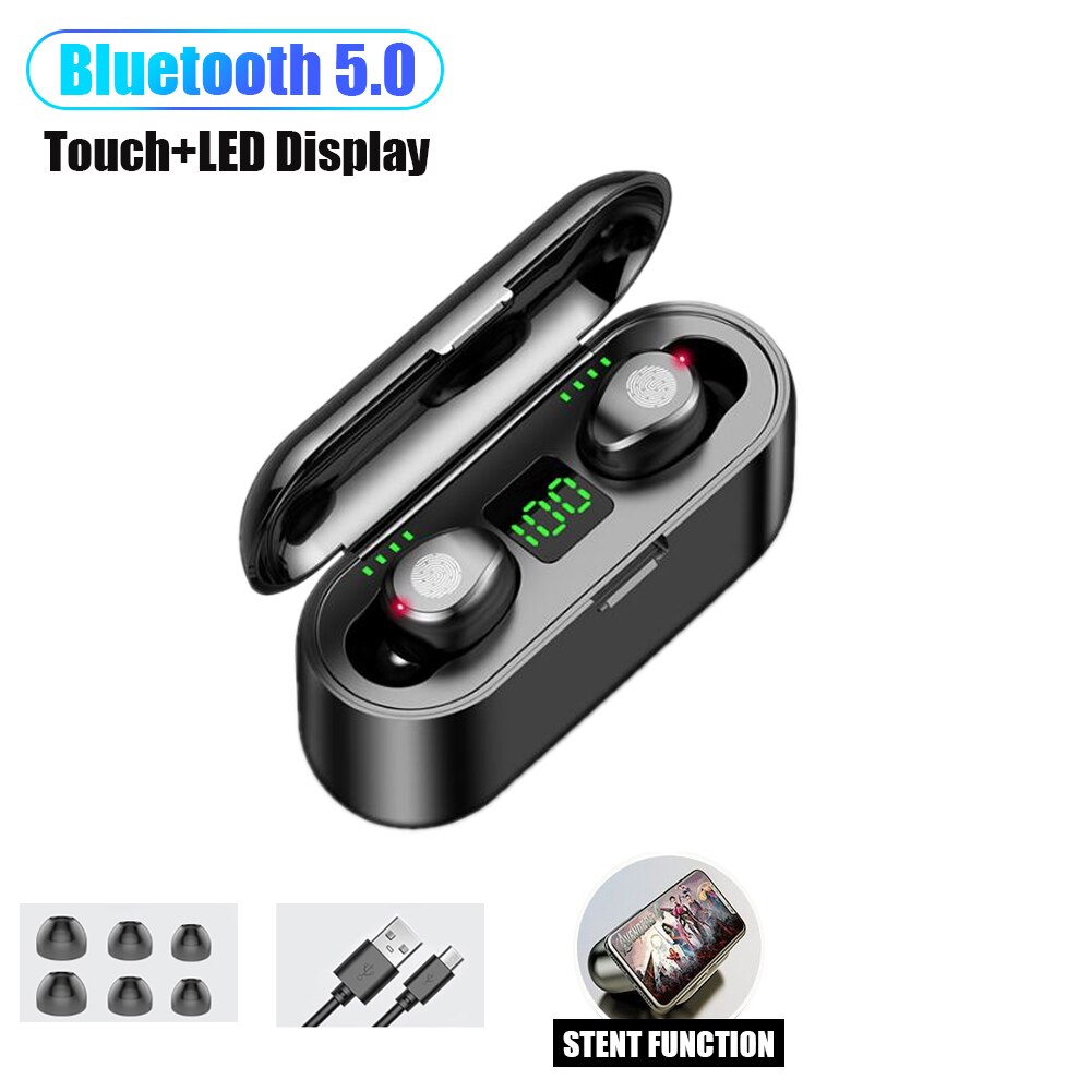 F9 trådløse hovedtelefoner bluetooth 5.1 øretelefoner tws hifi mini in-ear sports løbe headset support ios/android telefoner hd opkald: F9-1 berør sort