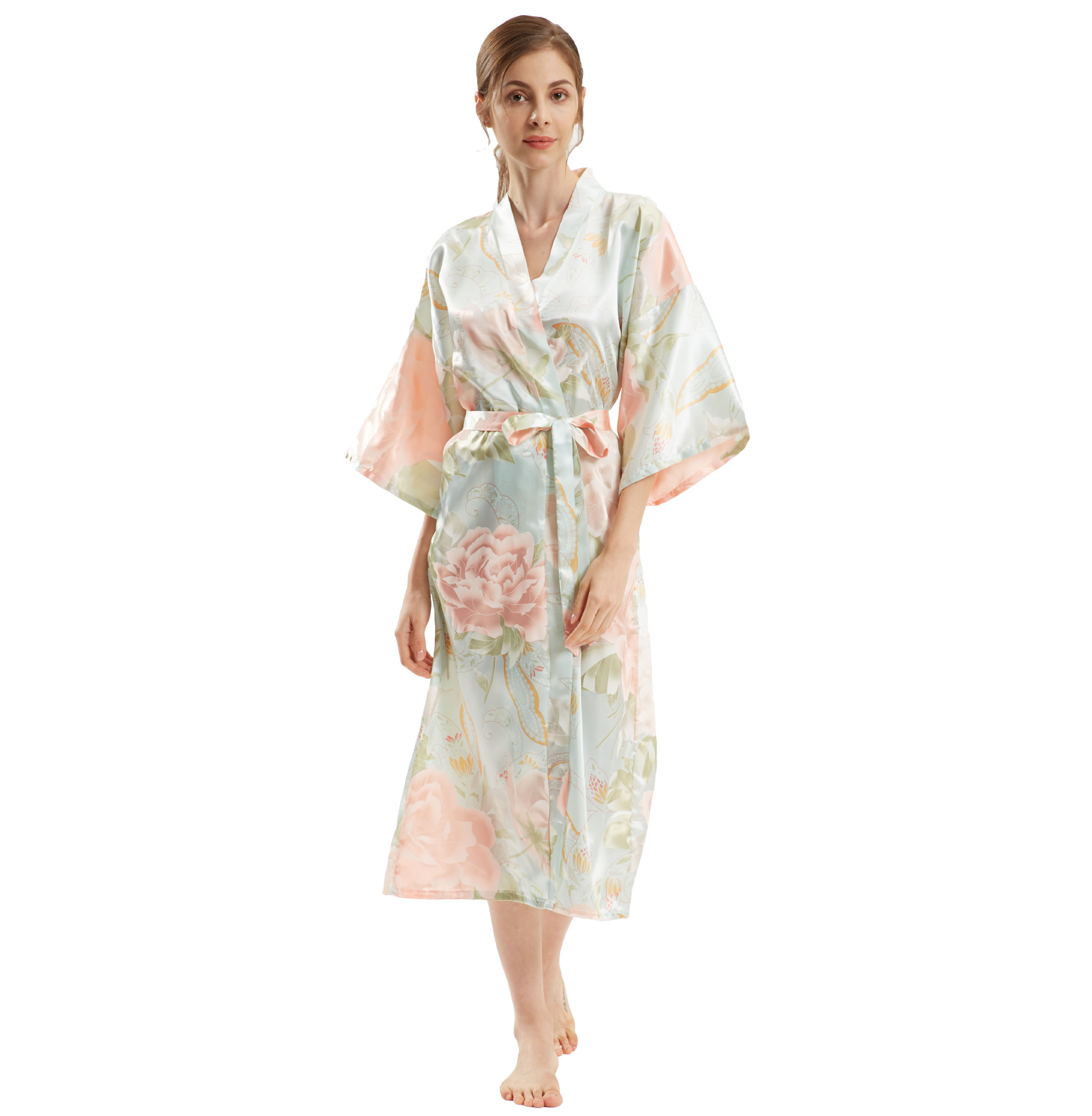 Sexy Bride Bridesmaid Wedding Dressing Woman Kimono Flower Print Satin Silk Yukata Bathing Robe: Dark Grey
