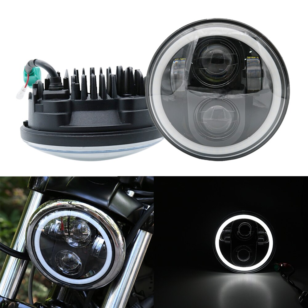 Black 5-3/4" Round Angel Eye LED H4 Headlight 5.75 inch Headlamp For Harley Dyna Low Rider Sportster Softail Breakout FXSB Super