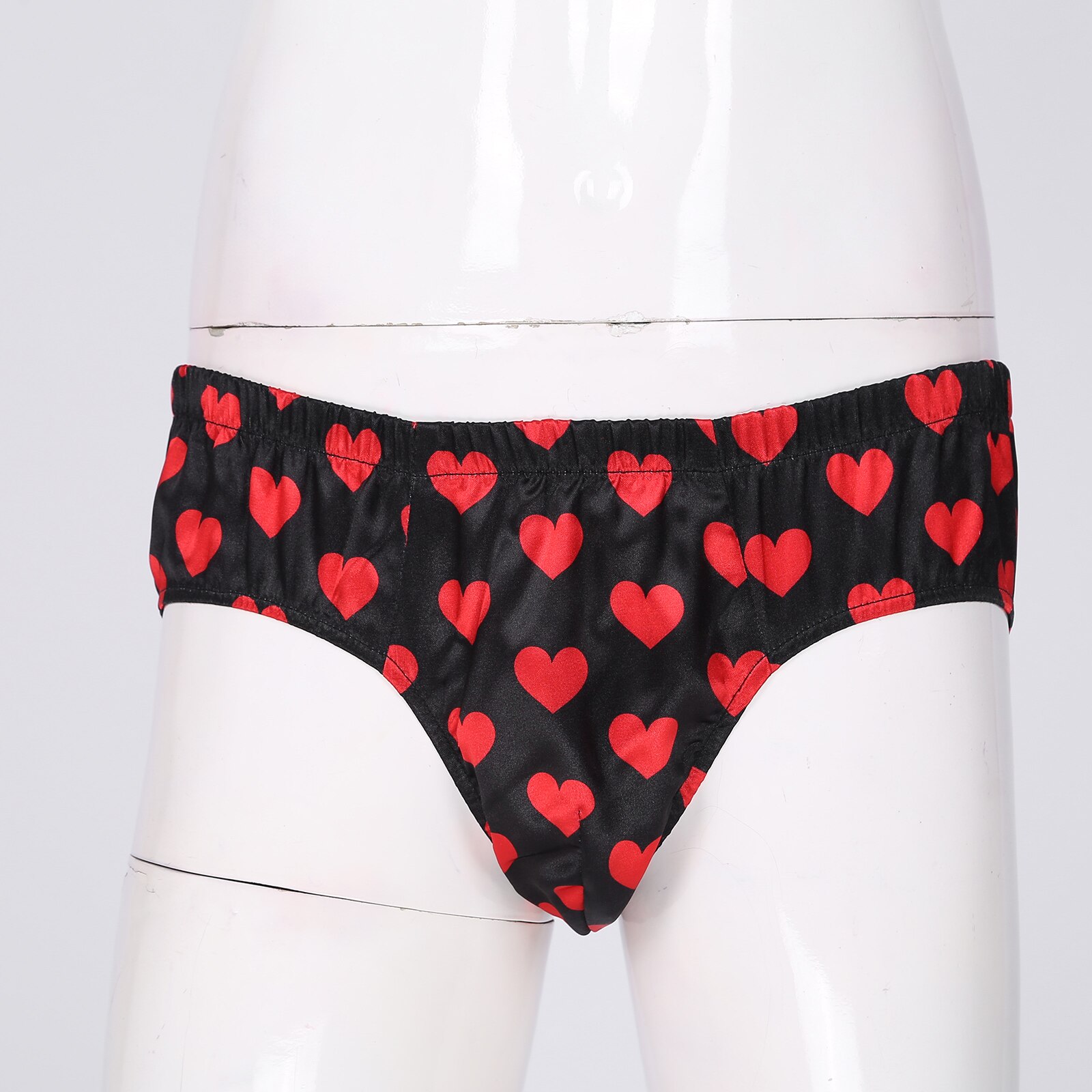 Mens Lingerie Sissy Underwear Heart Printed Satin Briefs Panties Low Waist Elastic Waistband Bulge Pouch Underpants