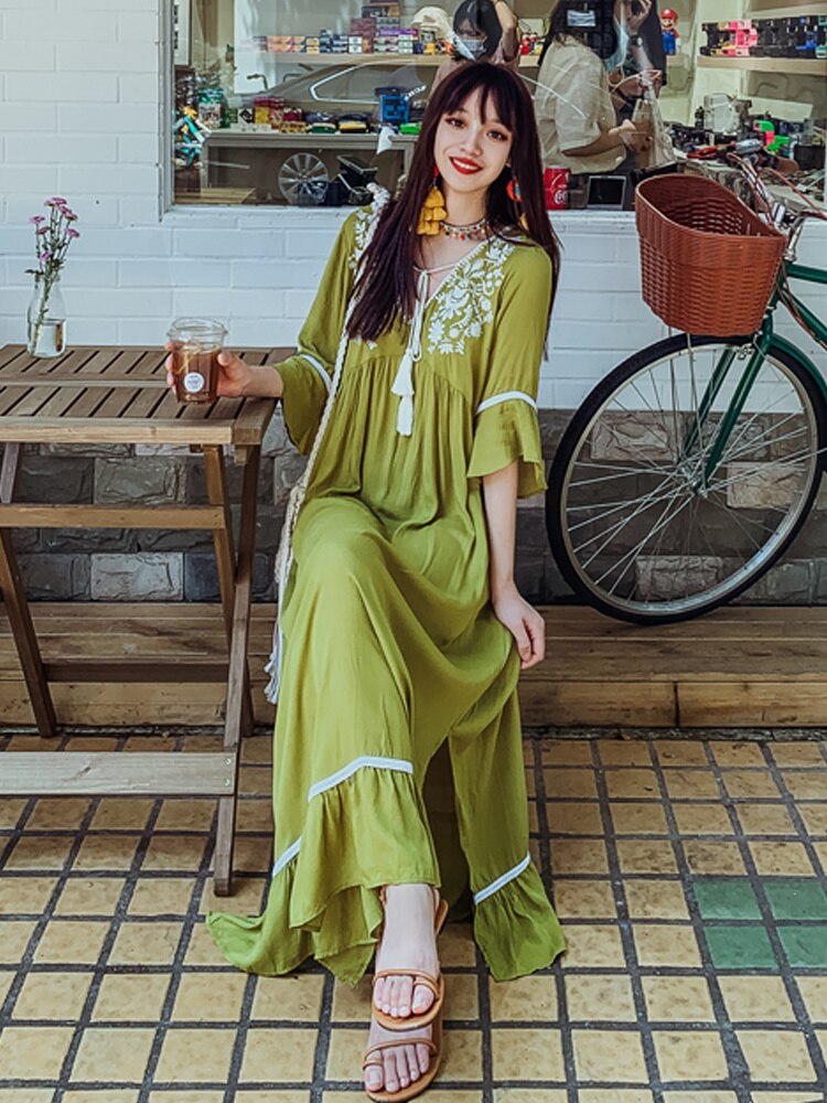 Vestido largo bohemio de algodón con bordado para mujer, ropa india, Kurta, estilo étnico, largo, para vacaciones en la playa