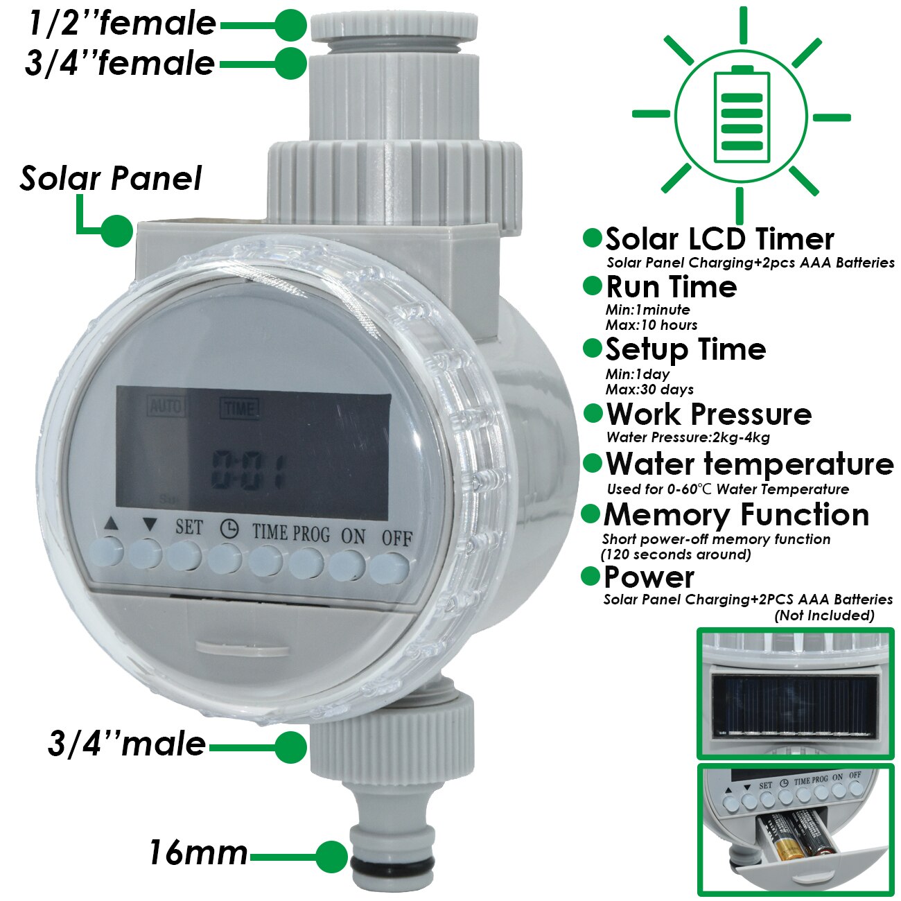 1pcs Watering Timer Rain Sensor Solar LCD Double Dial Ball Valve Controller Garden DripIrrigation 1/2 3/4'' Tap Adapter Solenoid: Solar-LCD-Timer