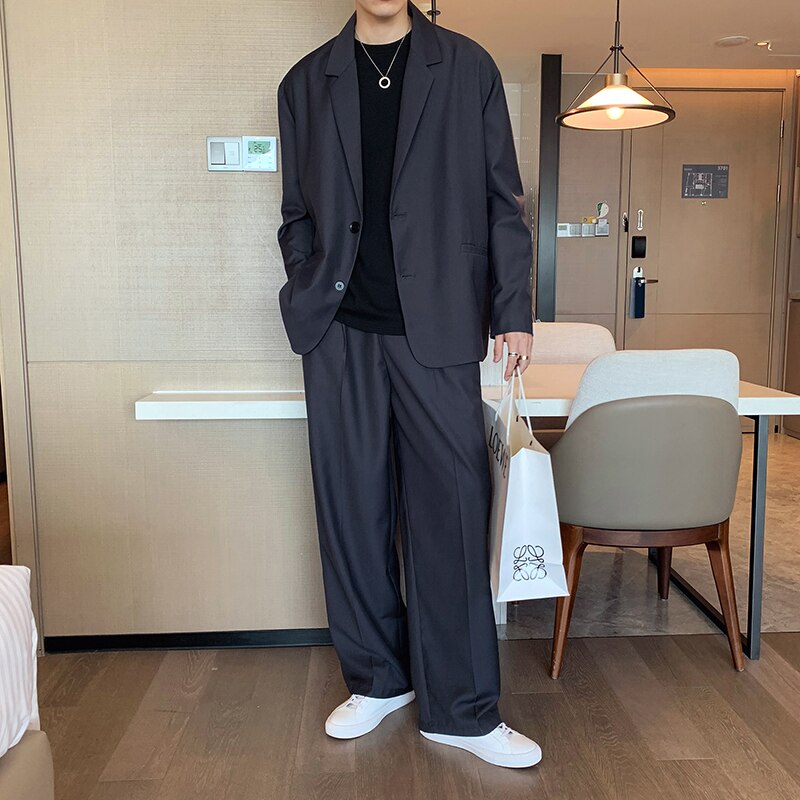 Hombre Casual suelto recto ancho pierna pantalones de traje de los hombres Streetwear Vintage pantalones coreano Chic Pantalones largos
