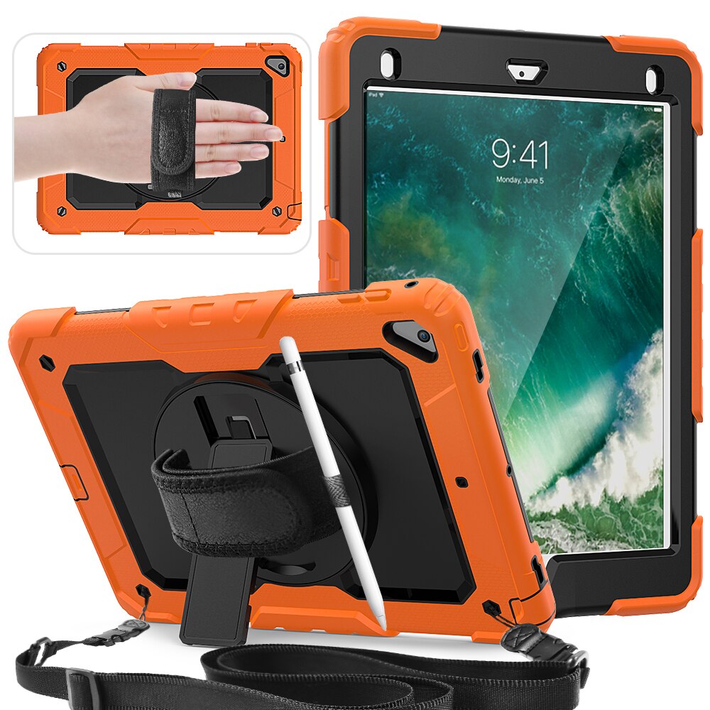 Universal Though Rugged Case for ipad air 2 6th 5th gen pro 9.7 inch Hand Strap cases with Kickstand Stand and Shoulder Strap: ORANGE