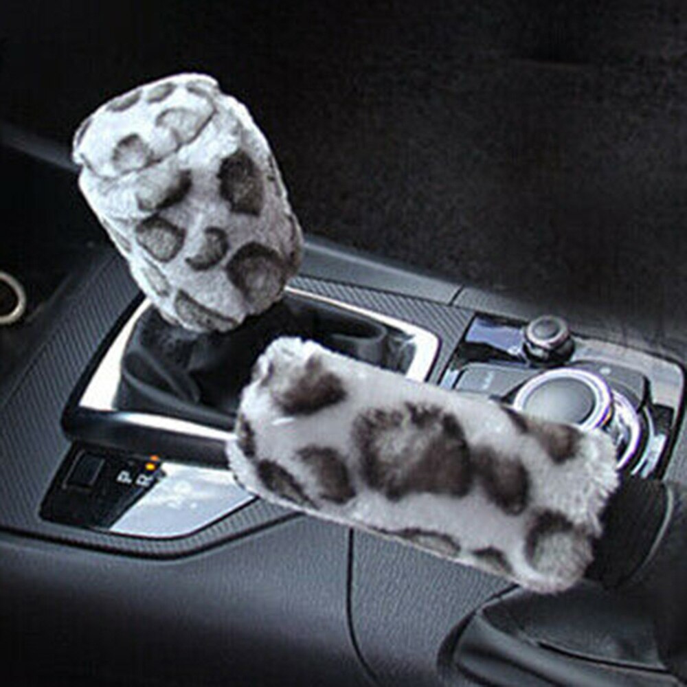 1Set Gray Leopard Fluff Plush Steering Wheel Hand Brake Gear Position Gear Winter Three-piece Fur Cover Car Interior Accessories