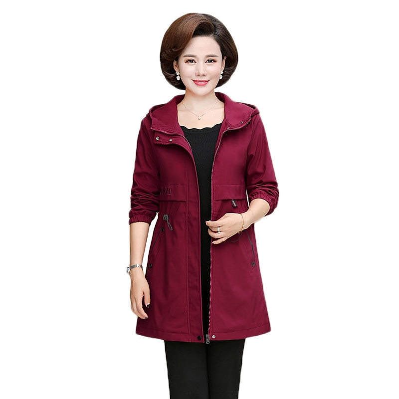 Printemps automne mère veste moyen-âge femmes décontracté à capuche manteau mi-long grande taille femme coupe-vent 5XL W2099