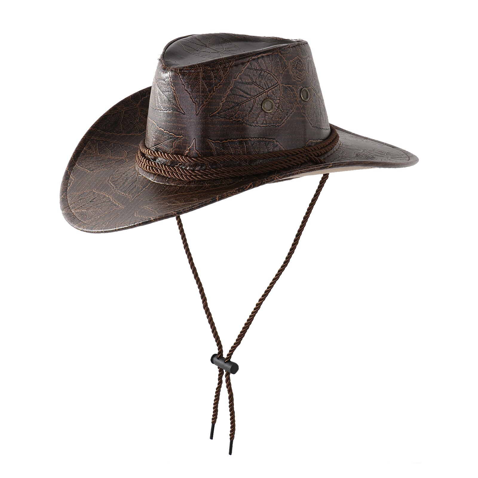 Western Cowboy Hat Retro PU Leather Rider Cap Adjustable Cosplay Grassland Cowboy Caps Women Men Outdoor Travel Sunscreen Hats: Brown