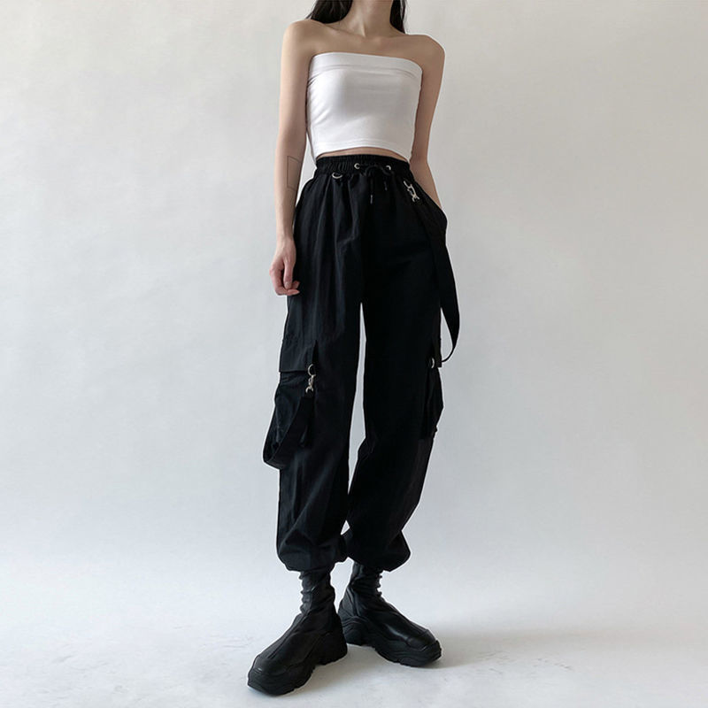 Qweek goth cargo bukser kvinder punk plus size bukser harajuku bukser med høj talje overdimensioneret aftagelig rem løs afslappede bukser emo: Xl