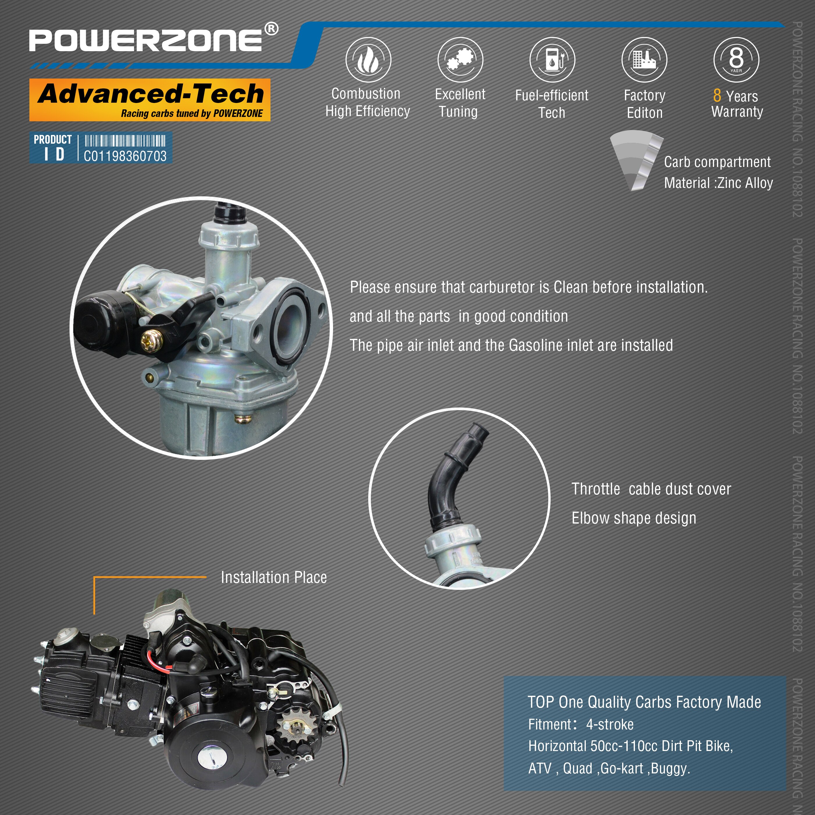 Powerzone Carburateur PZ19 19mm CVK Accelerator Pomp Carb Voor Horizontale 50cc-110cc Dirt Pit Bike, ATV, Quad, go-kart, Buggy