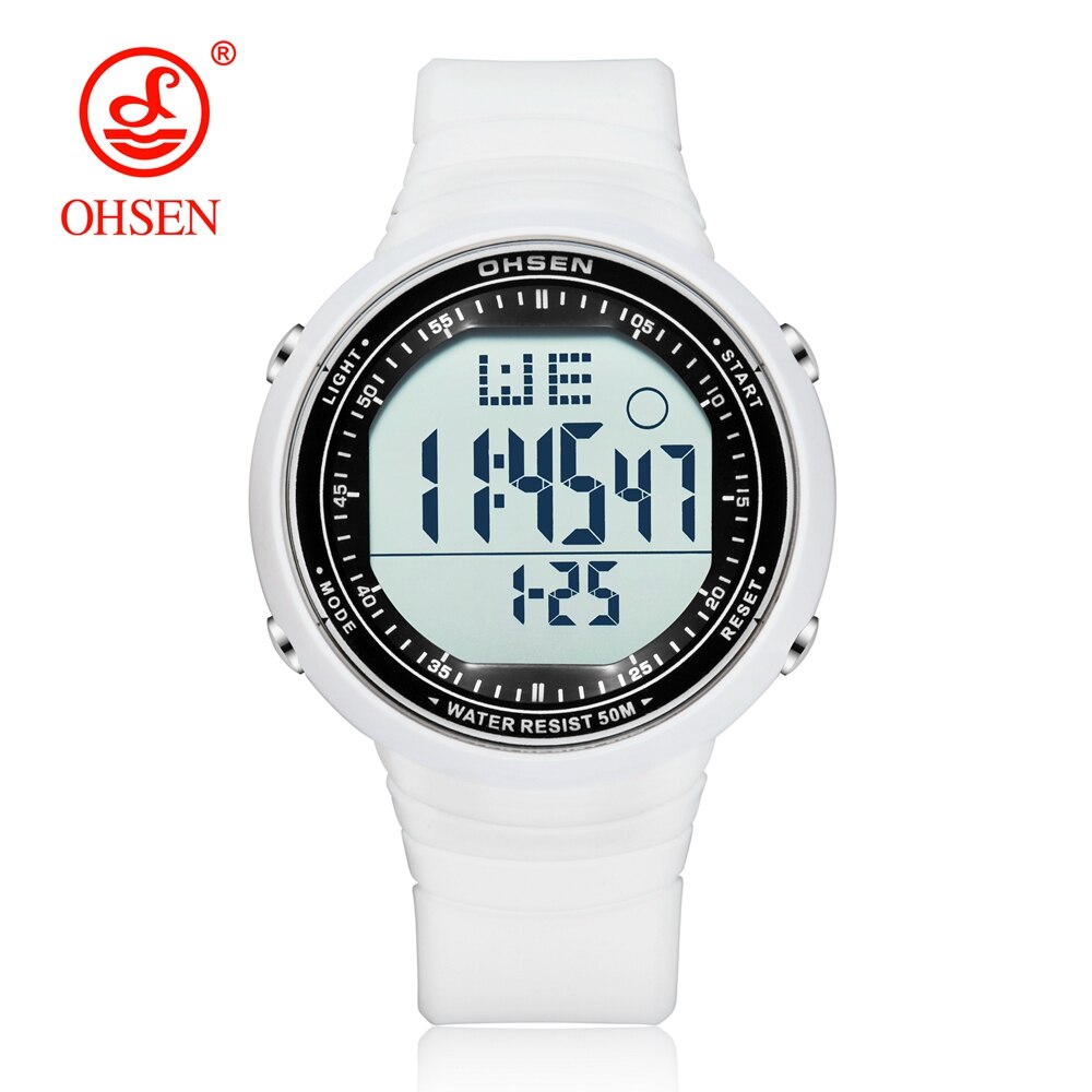 Ohsen Digitale Lcd Sport Mannen Polshorloge Relogio Masculino 50M Waterdicht Alarm Datum Rubber Mode Witte Outdoor Sport Horloge Cadeau: White watch