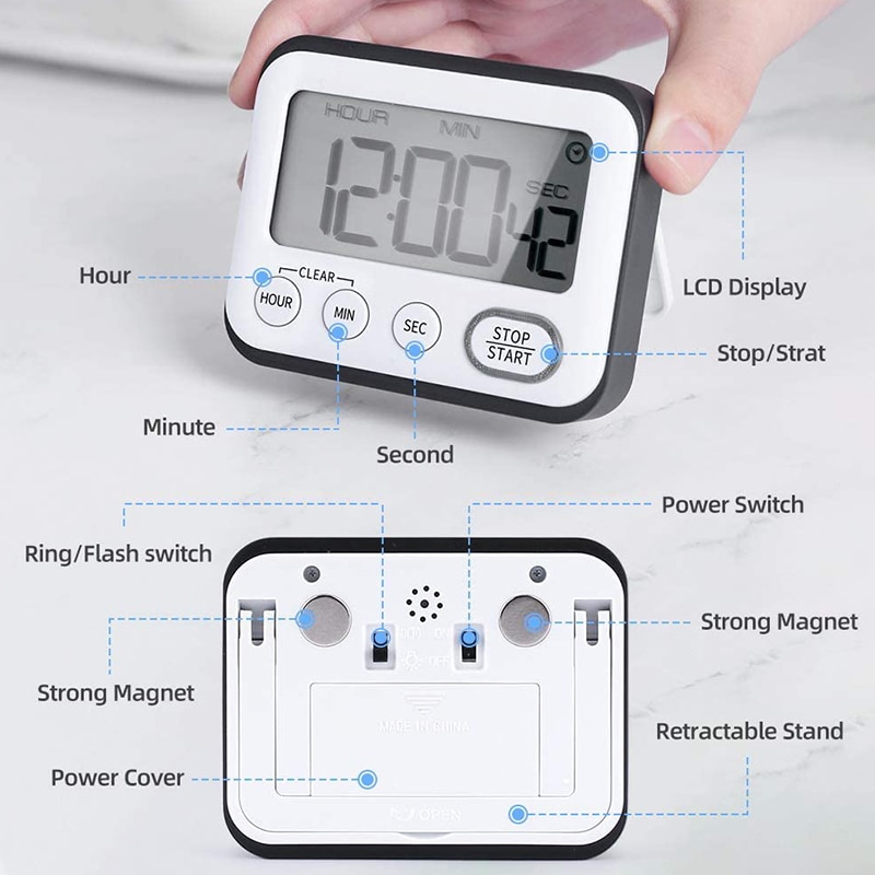 Digital Kitchen Timer LCD Cooking Timer, Alarm and Clock, Count Down and Count Up, netic Back and Free Stand, Loud Alarm Digi