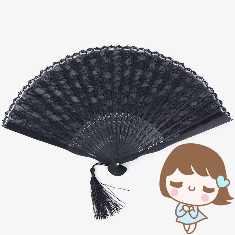 1 PC Chinese Stijl Fancy Decoratieve Hand Fan Zwarte Bamboe Kant Retro Vrouwen Vouwen Fan voor Wedding Party