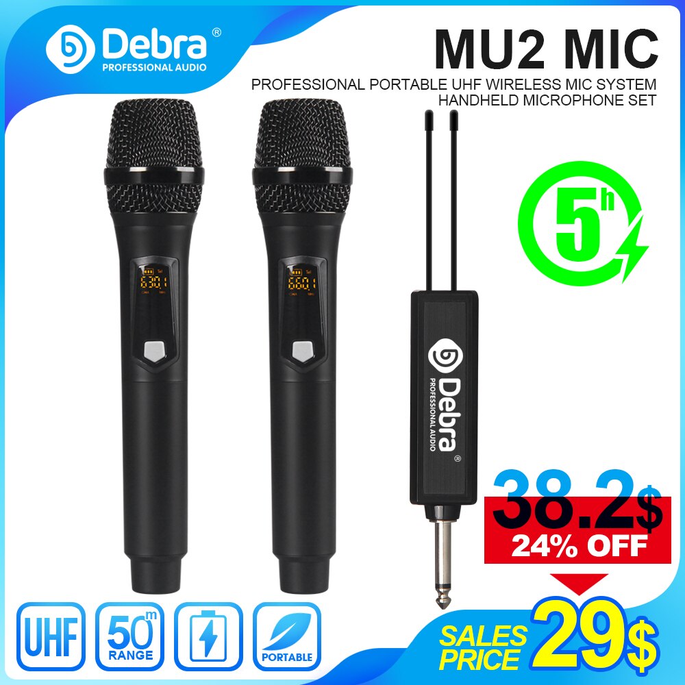 Debra MU2 Draadloze Oplaadbare Microfoon Uhf Opname Karaoke Met 2 Handheld Microfoon, Voor Stage, Kerk, Partij, school.