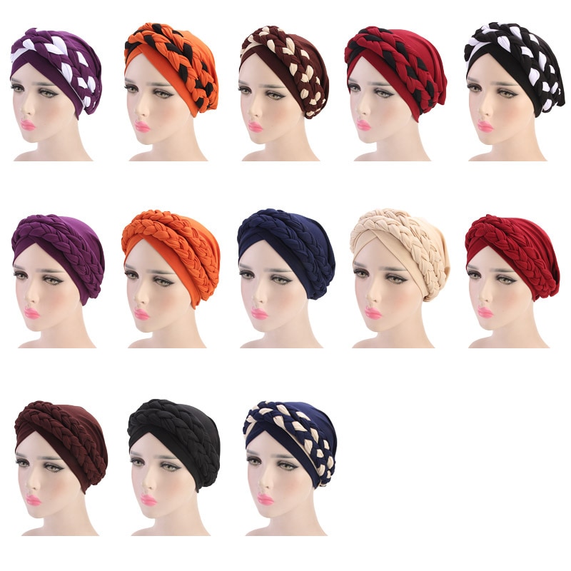 Musulman Double couleur tresses Stretch Turban à volants cheveux chapeaux Beanie Bandanas foulard Turban chapeaux pour les femmes 08