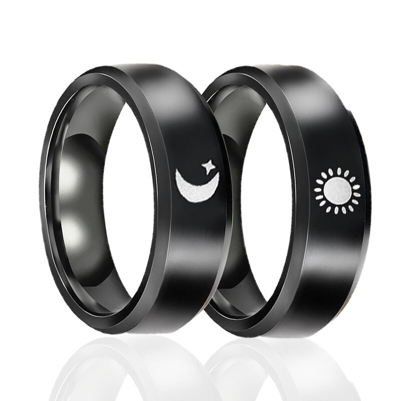 Bagues de Couple pour femmes et hommes, ensemble de 2 pièces, soleil et lune, anneaux de mariage, doigt d'amoureux, couleur argent, bijoux assortis, de saint-valentin: Black-Size 8