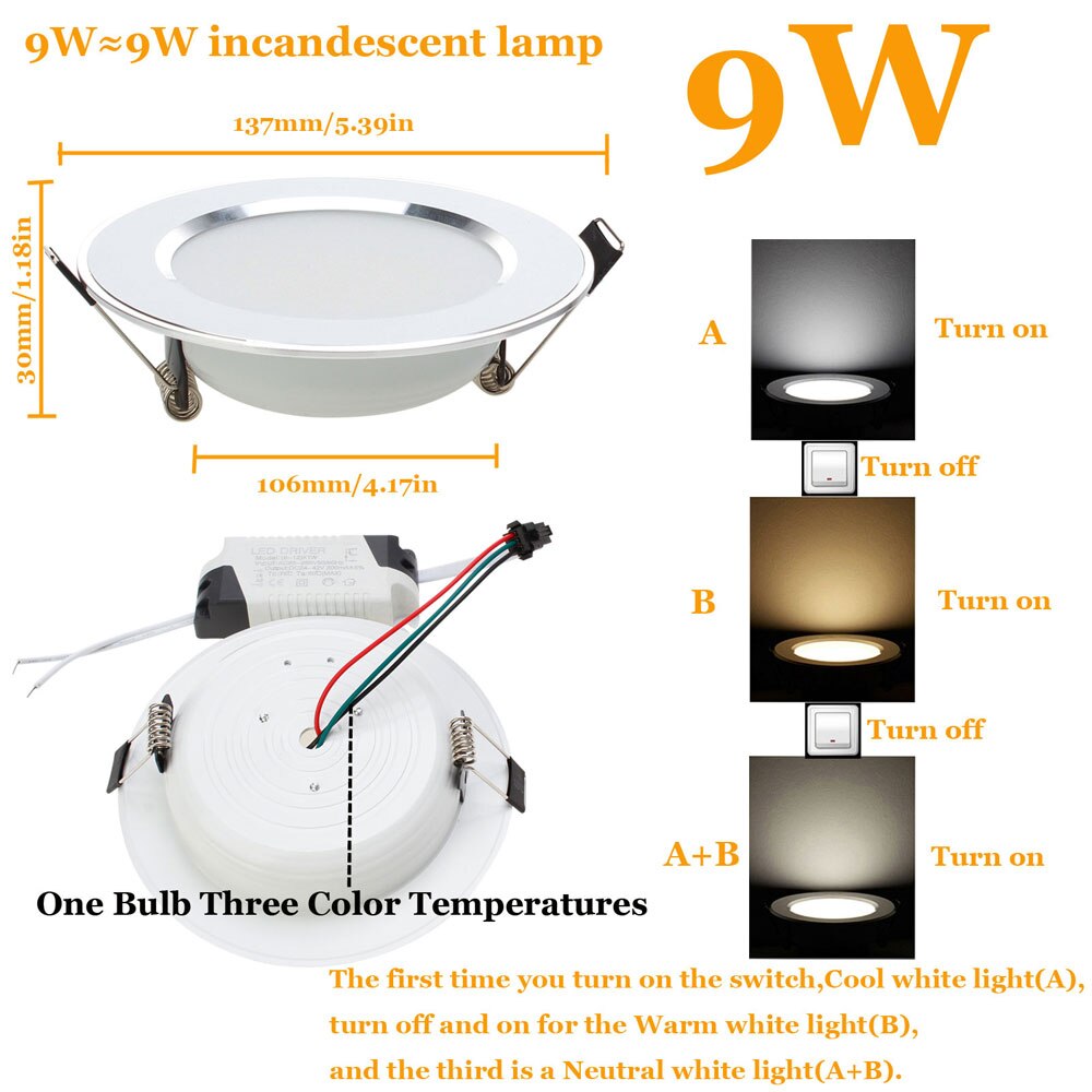 LED Downlight 3W 5W 7W 9W 12W 15W 18W empotrable redondo lámpara 85-265V Cool + neutro + Led blanco cálido bombilla de Interior llevó la iluminación del punto: 9W