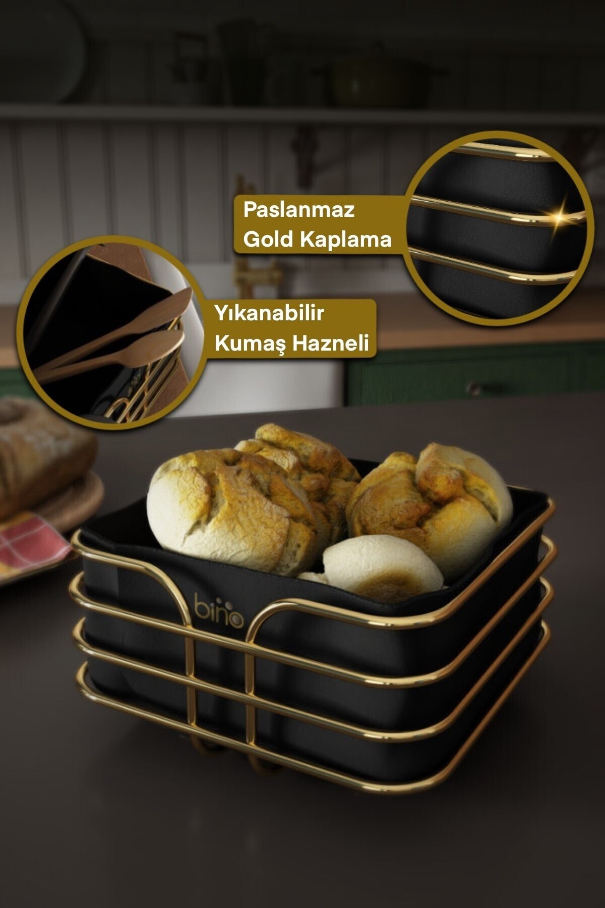 Breadstuff Bread Basket Multi-Purpose Metal Box Lux Gold Stainless Basket Black Fabric