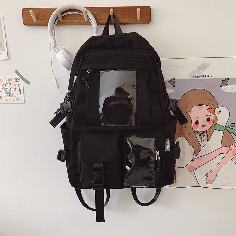 Solid Color Waterproof Nylon Women Backpack Female Multi-pocket Insert Buckle Travel Bag Girls Transparent Pocket Schoolbag: black / Only backpack