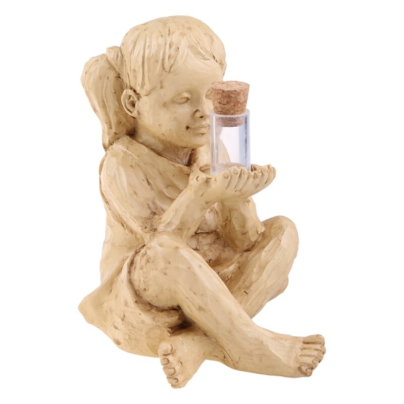 Solar Fireflies Sitting Kids Statue Garden Ornament Lighted Firefly Jar Boy/Girl