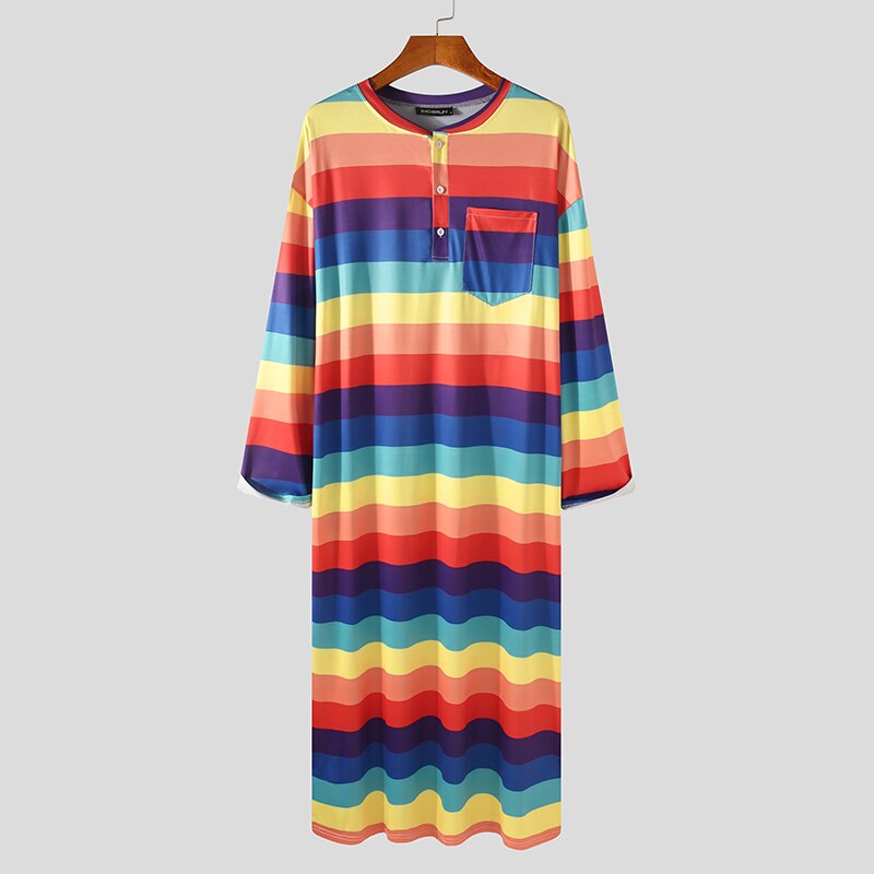 Men Striped Robes Colorful Round Neck Long Sleeve Soft Bathrobes Cozy Nightgown Loose Leisure Mens Dressing Gowns S-5XL INCERUN: Red / M