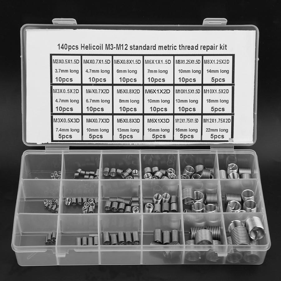 Screw Thread Insert 140Pcs Wire Threaded Insert Stainless Steel Thread Repairing Tool with Box M3-M12 thread repair insert