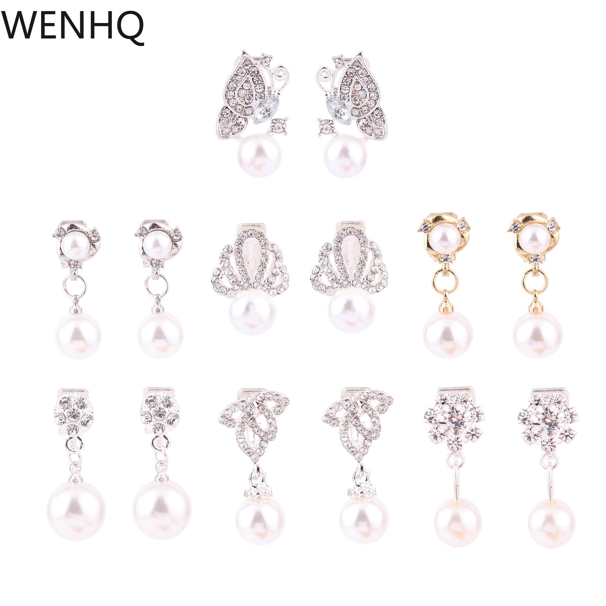 WENHQ Simulated Pearl Rhinestone Earrings Cute Clip on Earrings Non Piercing Earrings for Women No Hole Ear Clip
