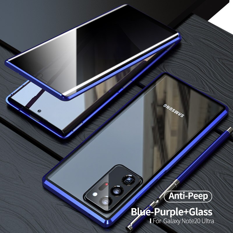 Adsorbimento magnetico Privacy Cassa di Vetro Per Samsung galaxy Note 20 Ultra Caso di Doppio Vetro Laterale In Metallo Telaio di Copertura di Protezione: For Note 20 / Blue Purple