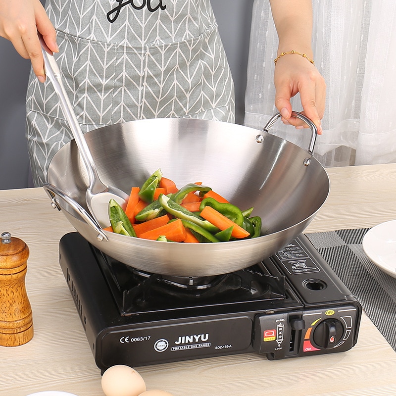 Stainless Steel Non Stick Wok Chinese Handmade Wok Double Ear Chef Fry Wok Gas Cooker Non Coating Round Bottom Cooking Woks