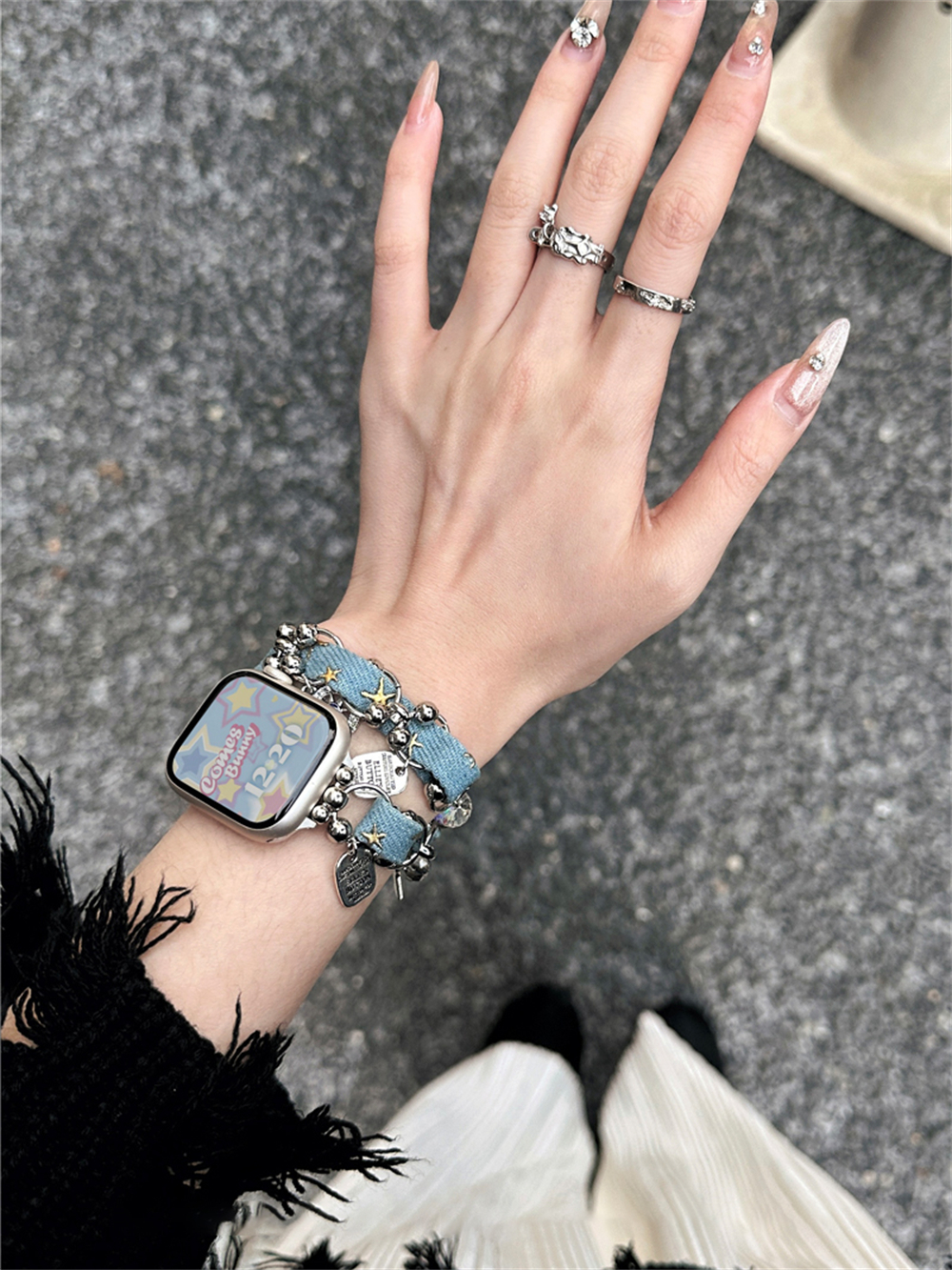 Y 2K Star Hanger Denim Lederen Band Voor Iwatch Ultra 2 9 8 7 6 5 4 Se Meisje Pols Armband Bandje Voor Apple Watch 41 40Mm 45 38 49