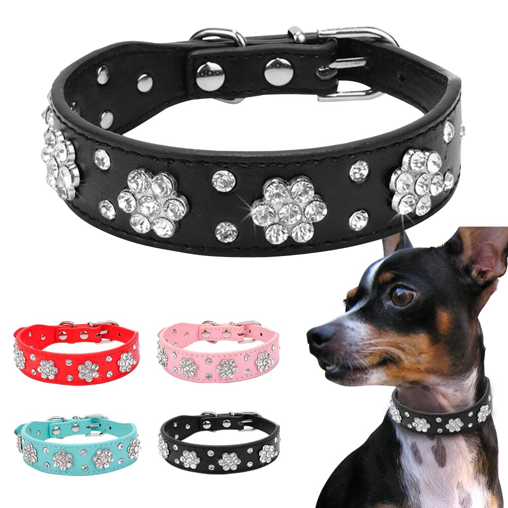 Strass Bezaaid Lederen Halsband Crystal Pet Puppy Halsbanden voor Kleine Medium Honden Roze Rood Blauw Zwart