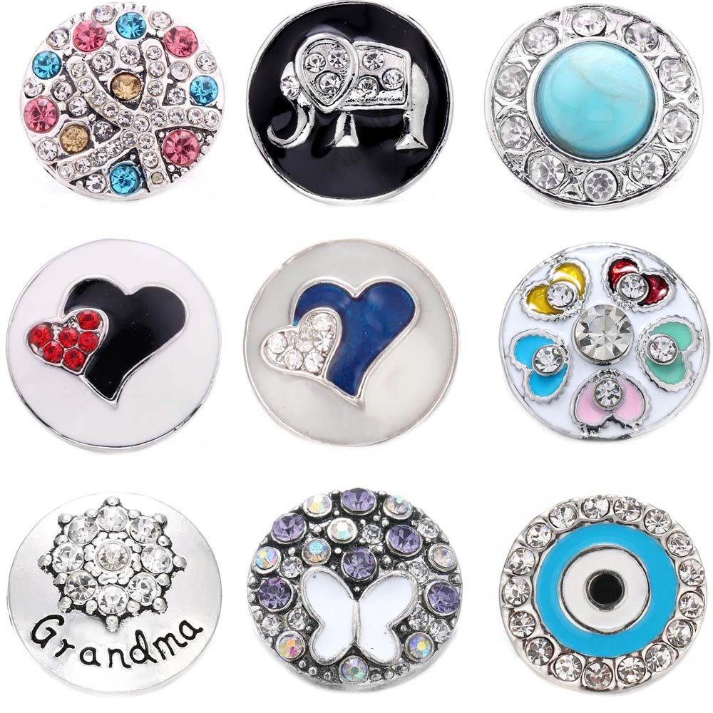 5pcs/lot Snap Jewelry Rhinestone Butterflu Love Heart 18mm Snap Buttons Round Metal Charms Fit Snap Bracelet Bangles