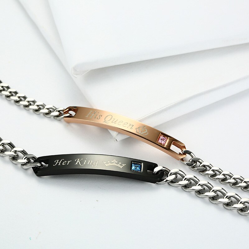 Romantic Couple His Queen Her King ID Bracelets Stainless Steel Shiny Crystal Bracelets For Lover Promise Jewelry