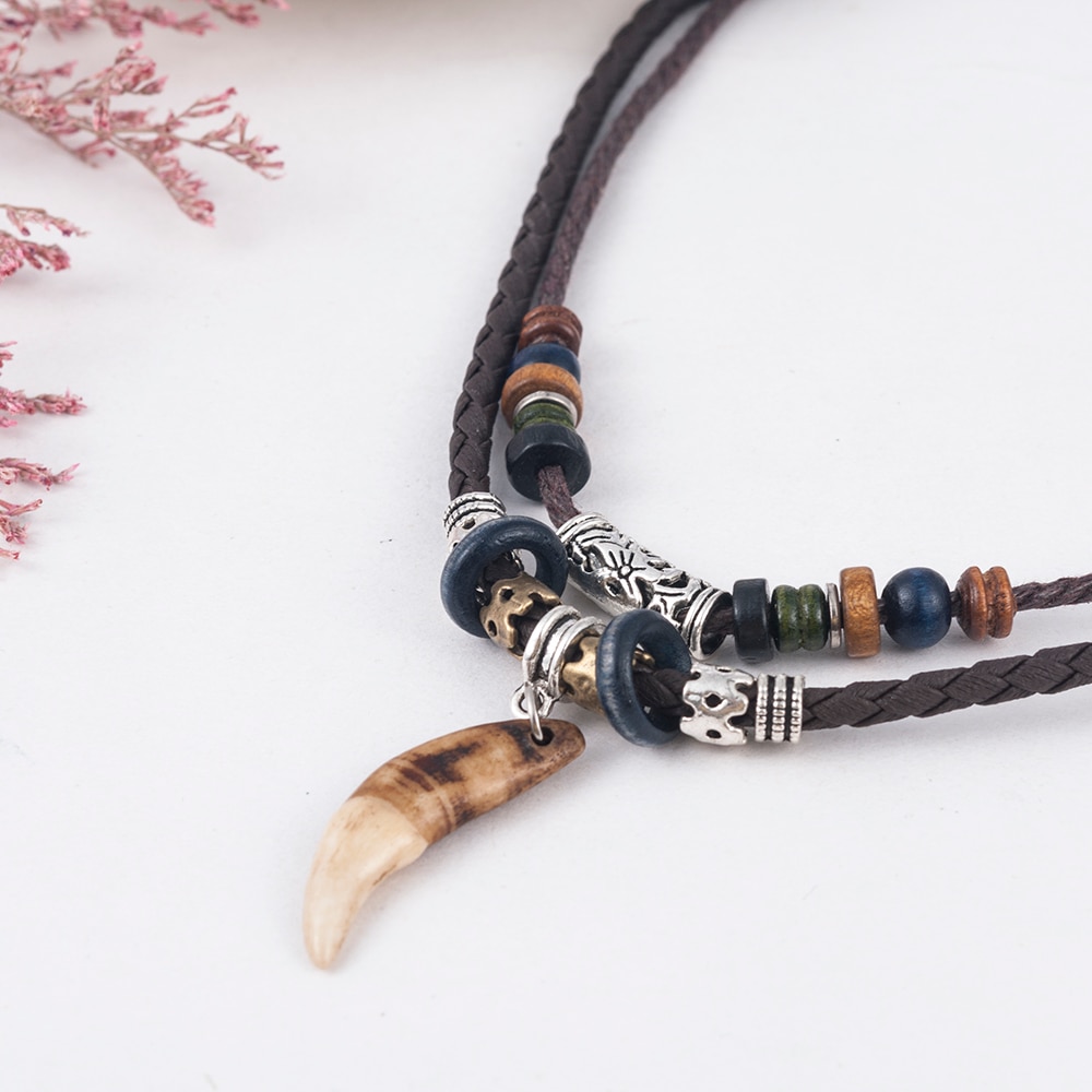 1PC Männer der Böhmen Zahn Anhänger Leder Perlen Gewebt Halskette Weihnachten Schmuck aussage halskette initial halskette